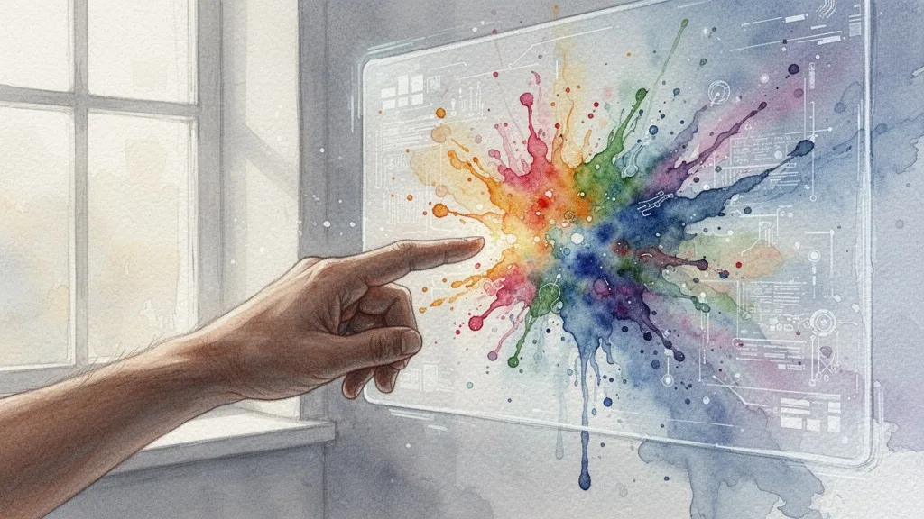 autoría digital: mano humana tocando pantalla digital con salpicadura de color, interacción humano-máquina en el arte