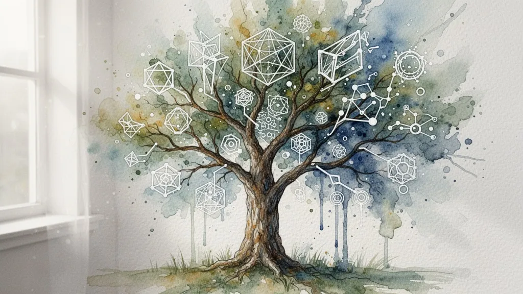 árbol cuyas ramas se convierten en patrones geométricos, metáfora del diseño generativo como sistema de posibilidades