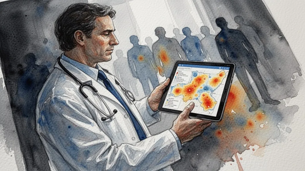 Acuarela de doctor sosteniendo tablet con mapa de calor de enfermedades, vigilancia de salud pública digital.