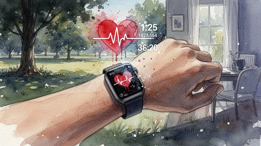 Acuarela de mano con smartwatch y gráficos flotantes de frecuencia cardíaca y pasos, monitoreo continuo de salud.