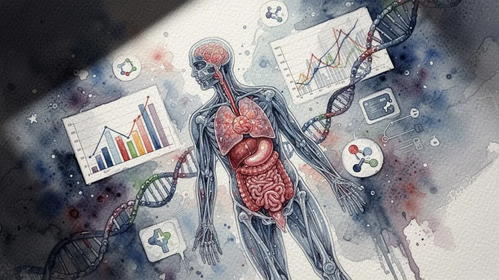 Acuarela de figura humana translúcida con órganos y gráficos flotantes, análisis predictivo con IA en medicina.