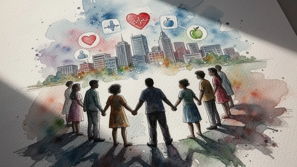 Acuarela de siluetas diversas en círculo con iconos de salud digital sobre un paisaje urbano, prevención comunitaria integrada.