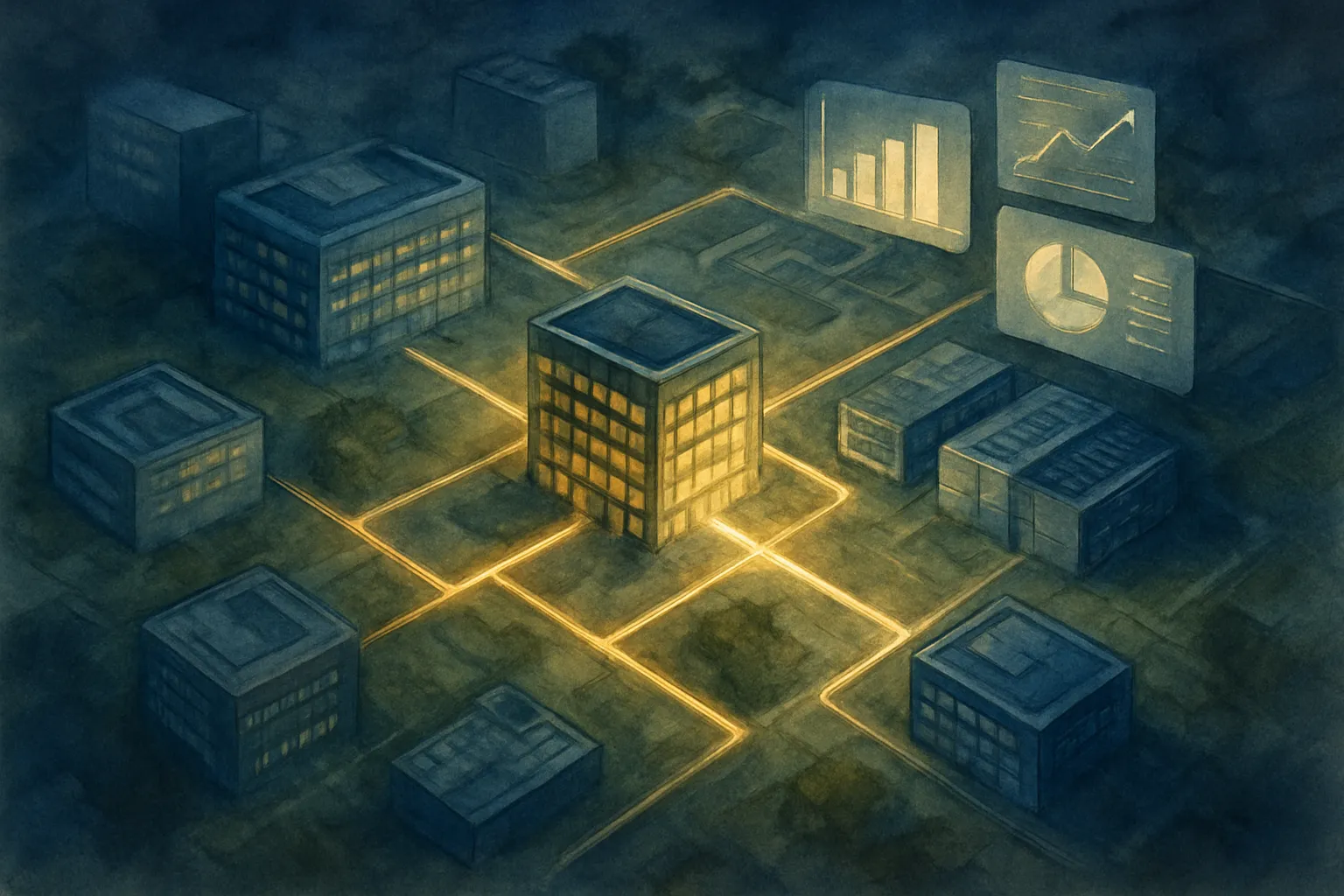 Vista aérea de la competitividad empresarial impulsada por tecnología y datos.