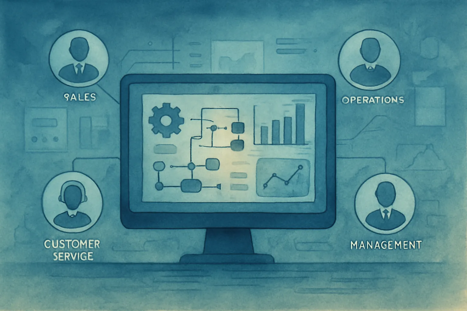 Visual conceptual del software empresarial y su impacto en procesos, datos y decisiones de negocio.