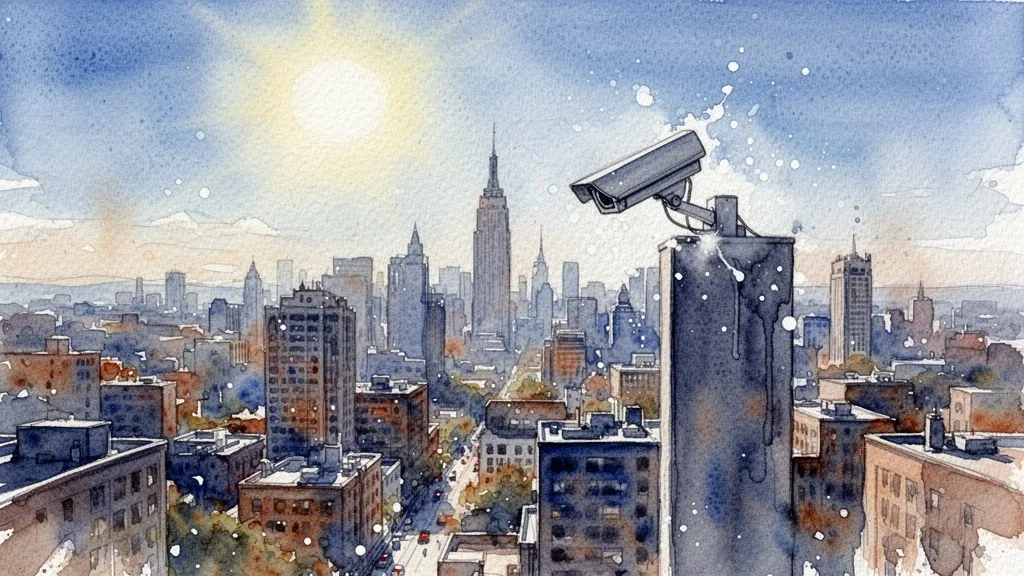Acuarela de paisaje urbano con cámara de vigilancia camuflada, representando el dilema de la vigilancia tecnológica.