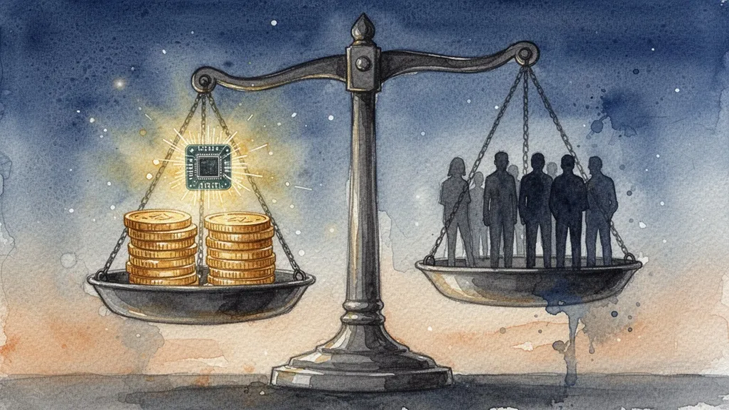 Balance scale comparing cost of AI compute versus human labor, watercolor style