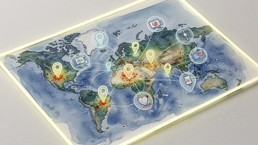 Representación acuarela de mapa digital con telemedicina y brotes