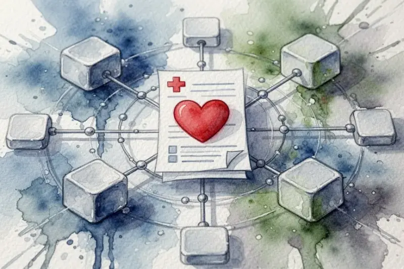 Watercolor illustration of blockchain network protecting medical data
