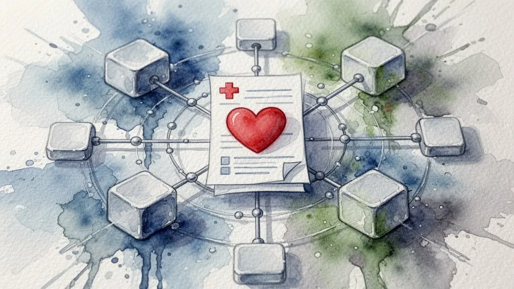 Watercolor illustration of blockchain network protecting medical data