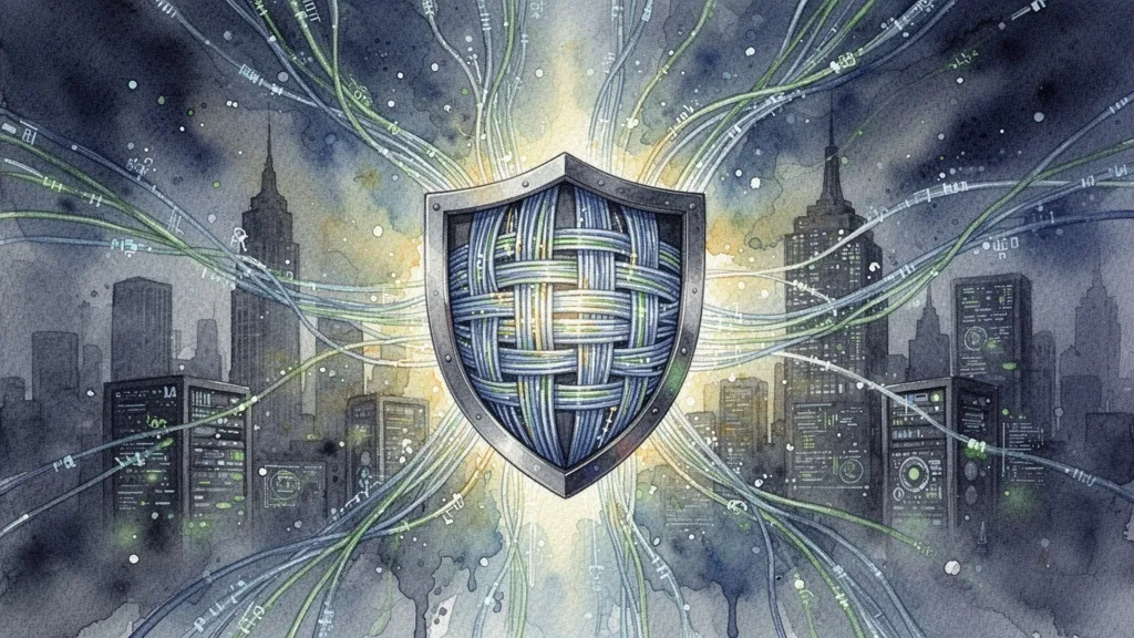 Watercolor of a glowing shield protecting a digital city symbolizes ciberseguridad as infrastructure crítica