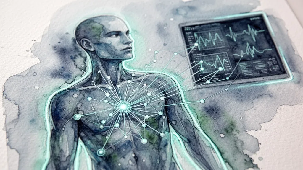 Ilustración acuarela de salud digital con inteligencia artificial y datos clínicos