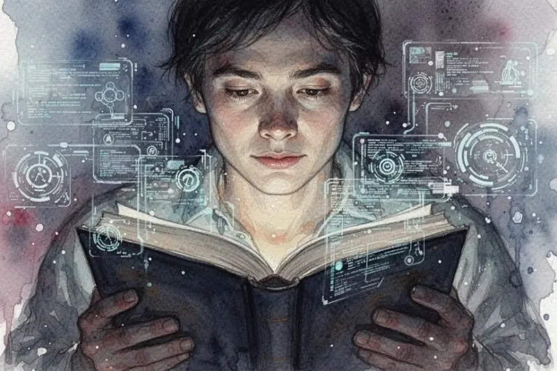 Persona leyendo rodeada de datos digitales y libros, acuarela