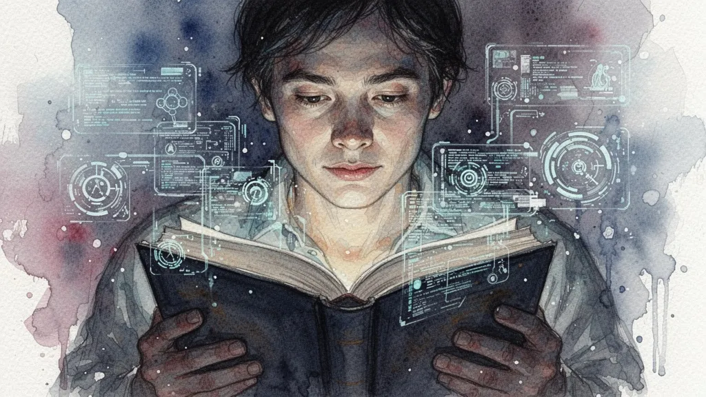 Persona leyendo rodeada de datos digitales y libros, acuarela