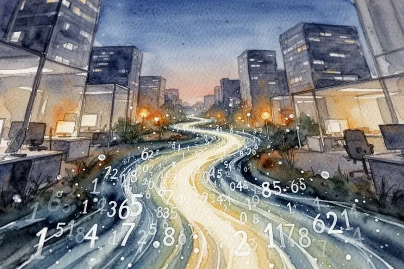 Watercolor illustration of data flowing through modern business environment.
