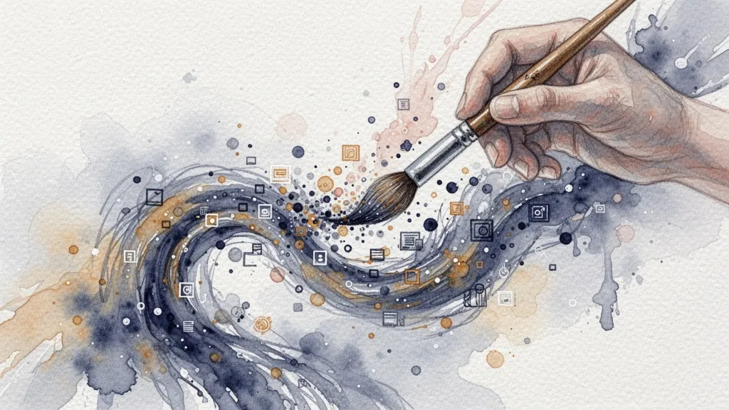 Mano de artista pintando con acuarela que se transforma en partículas digitales sobre papel texturizado