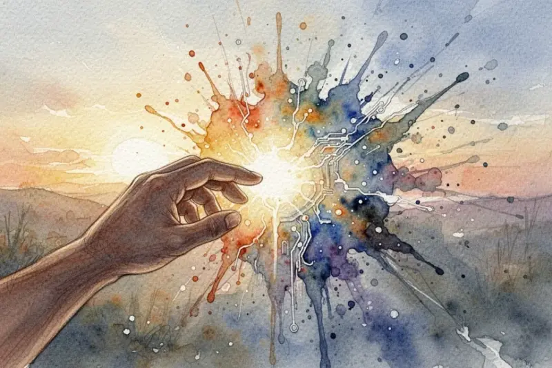 Mano humana tocando una forma abstracta de acuarela que representa la cocreación con IA