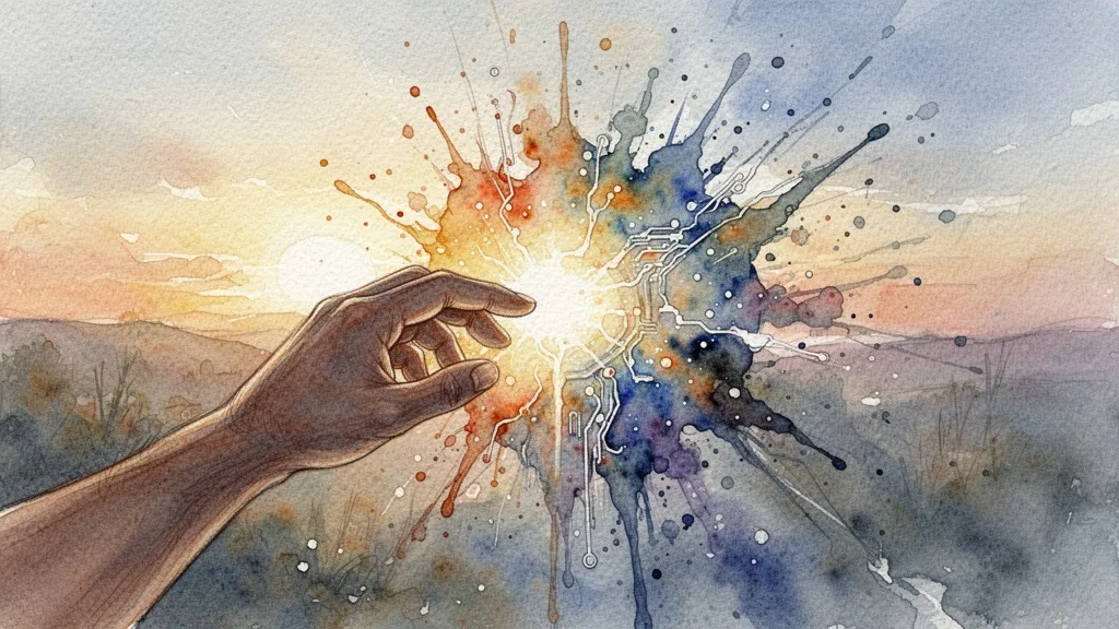 Mano humana tocando una forma abstracta de acuarela que representa la cocreación con IA