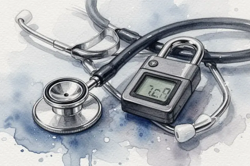 Acuarela de estetoscopio y candado digital simbolizando seguridad de datos médicos