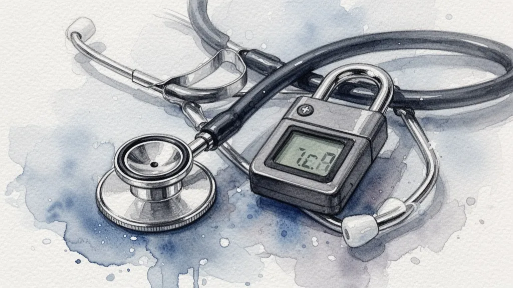 Acuarela de estetoscopio y candado digital simbolizando seguridad de datos médicos