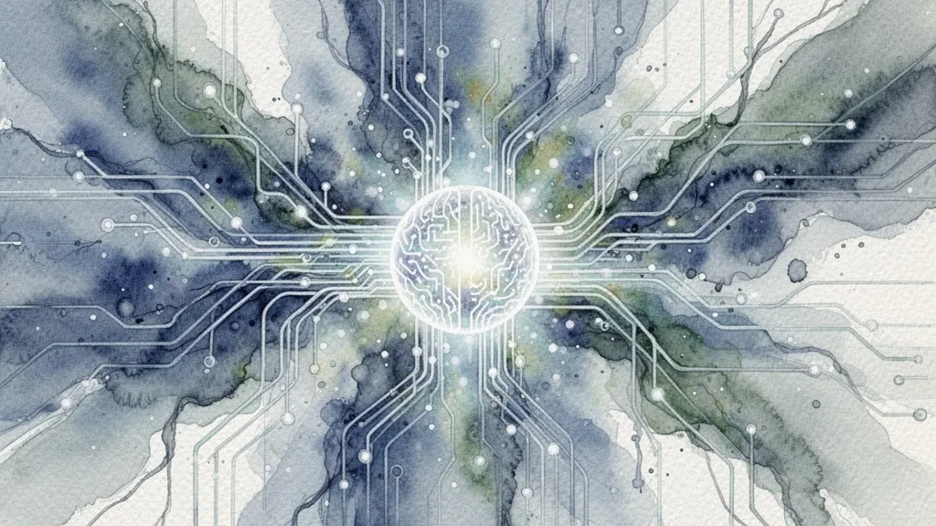 Abstract watercolor of data streams merging into a glowing AI core