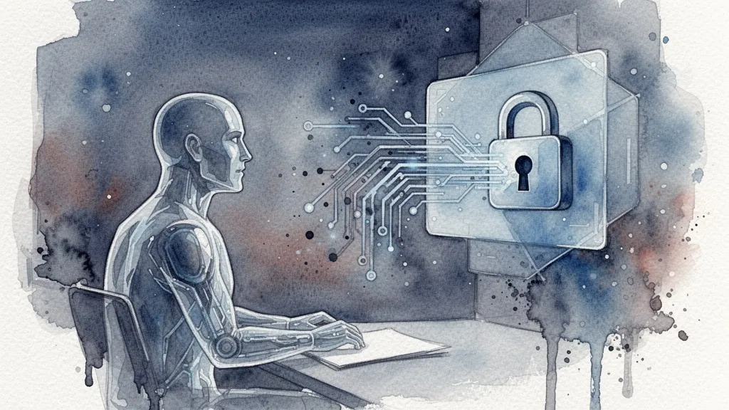 Watercolor illustration of an AI job interview with data privacy elements