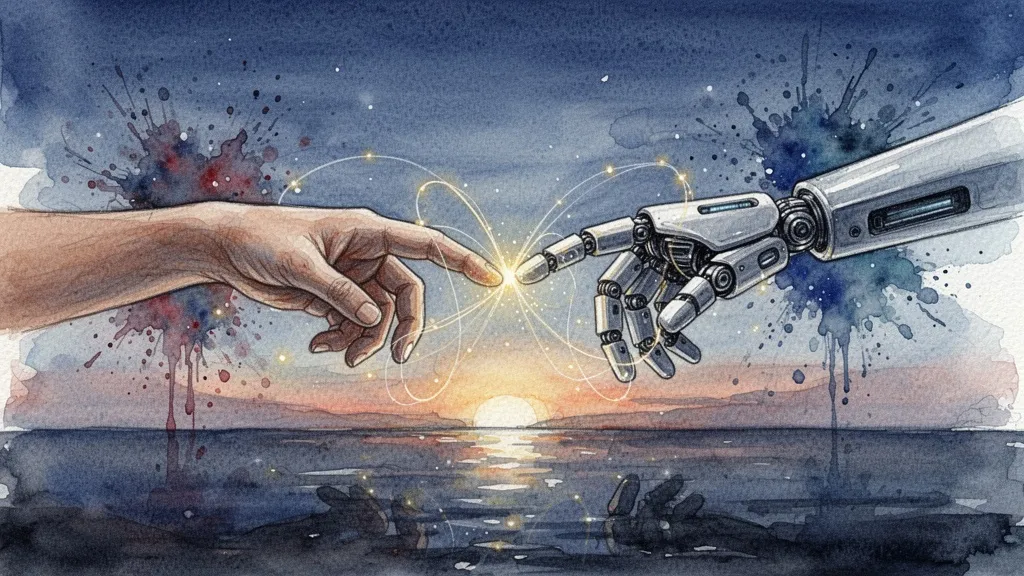 Manos humana y robótica a punto de tocarse en una ilustración en acuarela azul