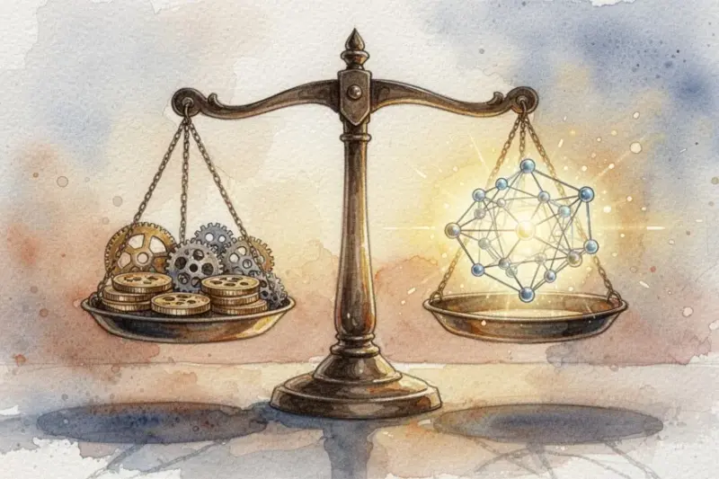 Balance scale comparing cost and value of AI language models