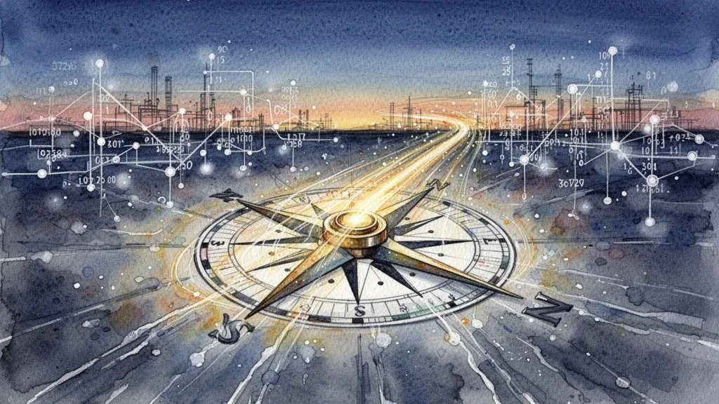 Watercolor compass made of data streams guiding digital transformation.
