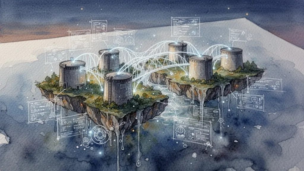 Watercolor of data silos merging into integrated landscape.
