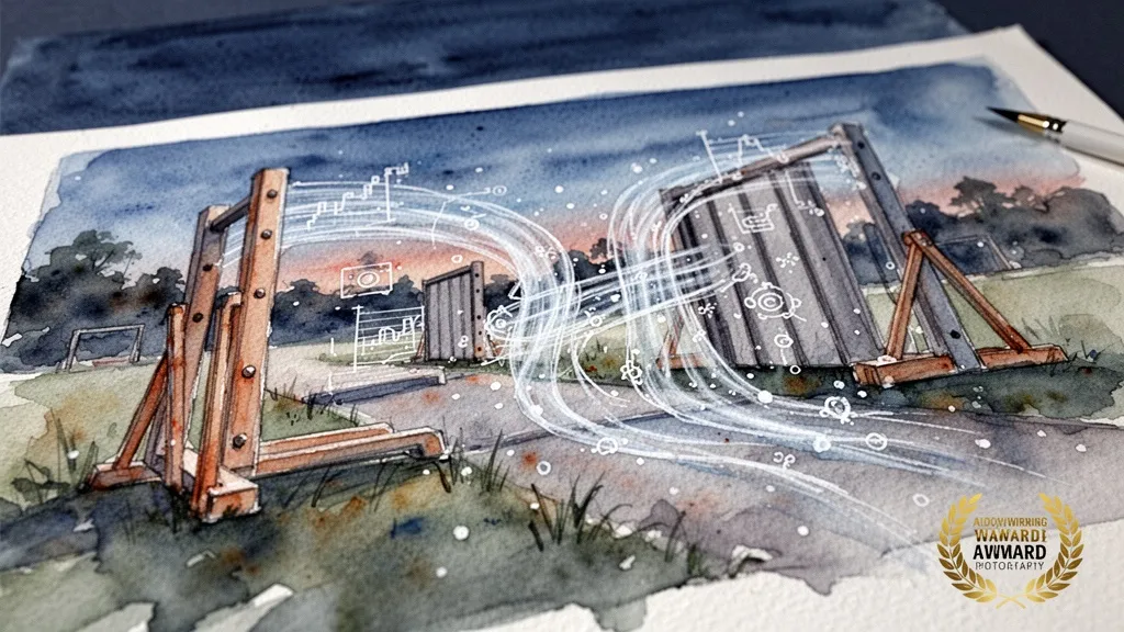 Watercolor obstacle course symbolizing challenges in digital transformation.