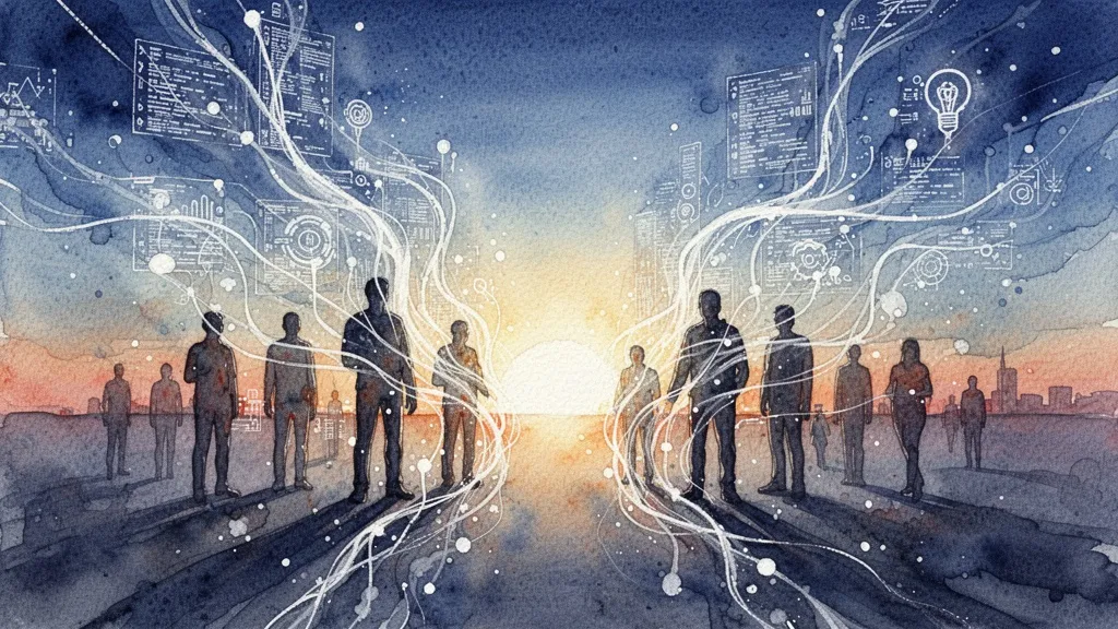 Watercolor of humans and data streams merging into a bright future.