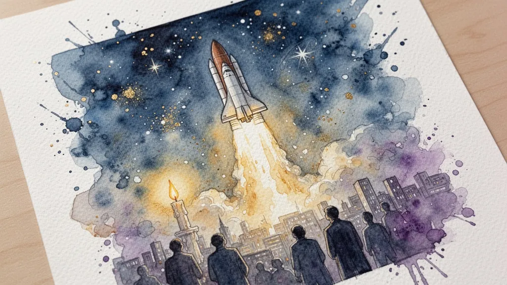 Acuarela de lanzamiento espacial con personas observando
