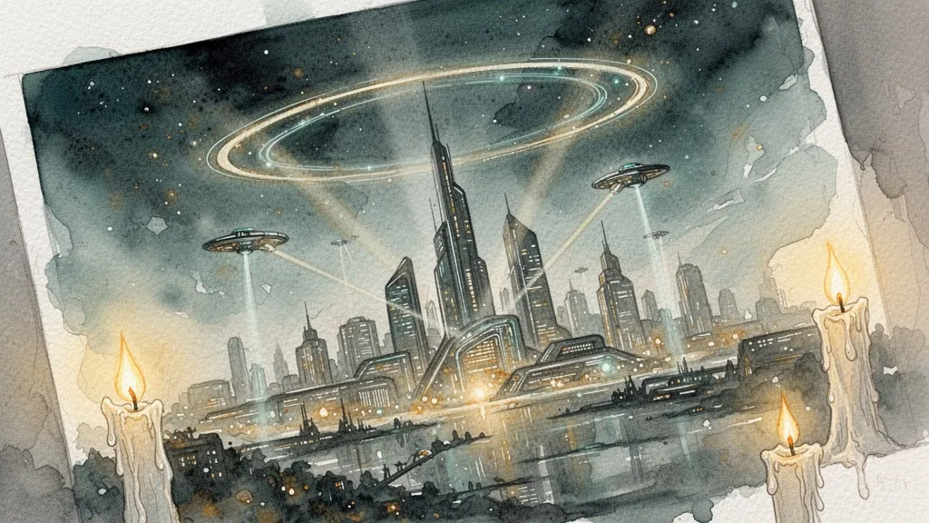 Acuarela de ciudad futura con anillo orbital y conexiones luminosas