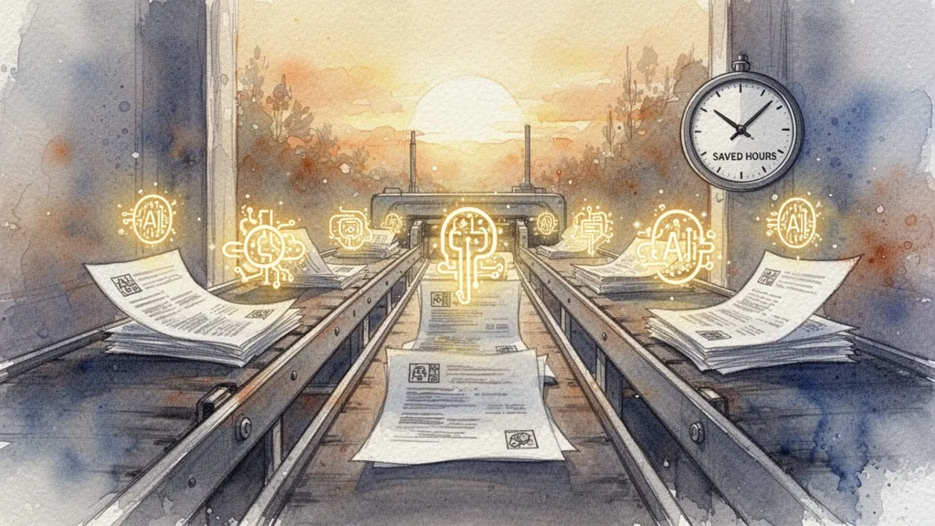 Conveyor belt with AI processing documents and clock indicating time savings