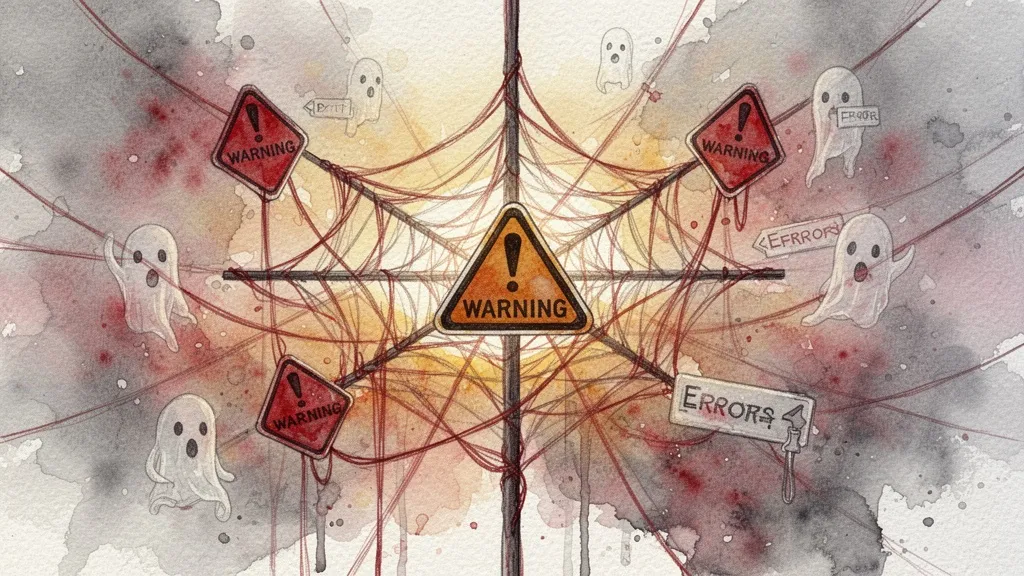Tangle of red threads and warning signs representing AI risks and biases