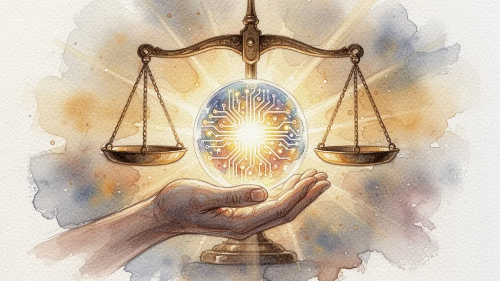 Human hand holding glowing AI orb with balance scale symbolizing prudent adoption