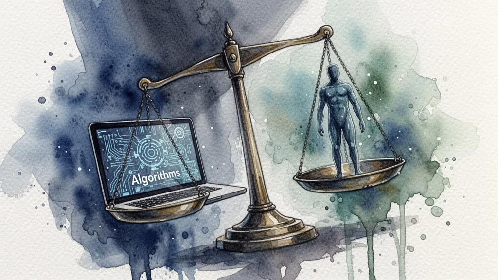 Balanza con un lado digital y otro humano, representando el desequilibrio entre eficiencia algorítmica y derechos