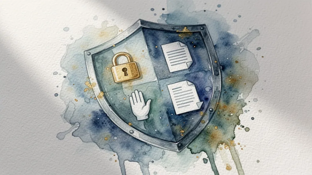 Escudo acuarela con símbolos de protección digital, representando los derechos digitales