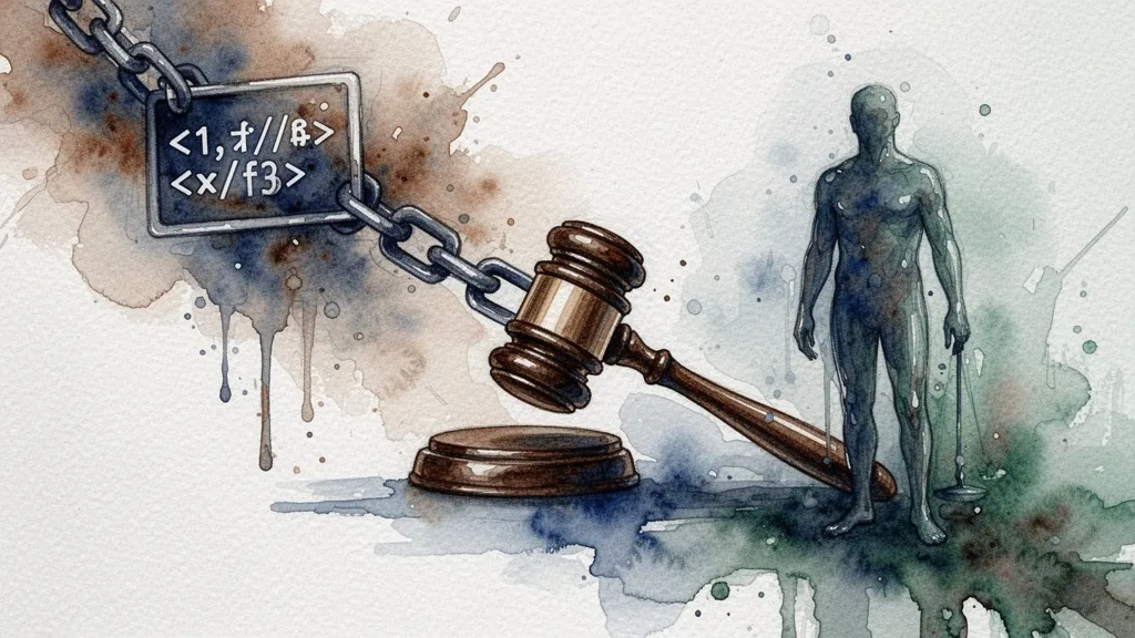 Cadena que conecta código, justicia y persona, simbolizando la responsabilidad en decisiones algorítmicas