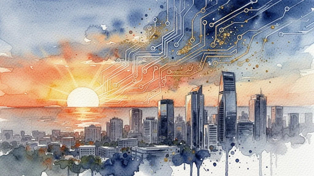 Amanecer sobre ciudad con patrones de circuitos, representando una administración algorítmica justa