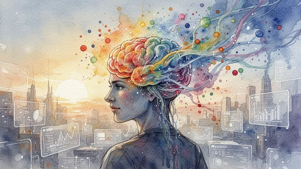 Cabeza humana con cerebro abstracto de acuarela brillante rodeado de puntos de colores, simbolizando la intuición en la creación digital