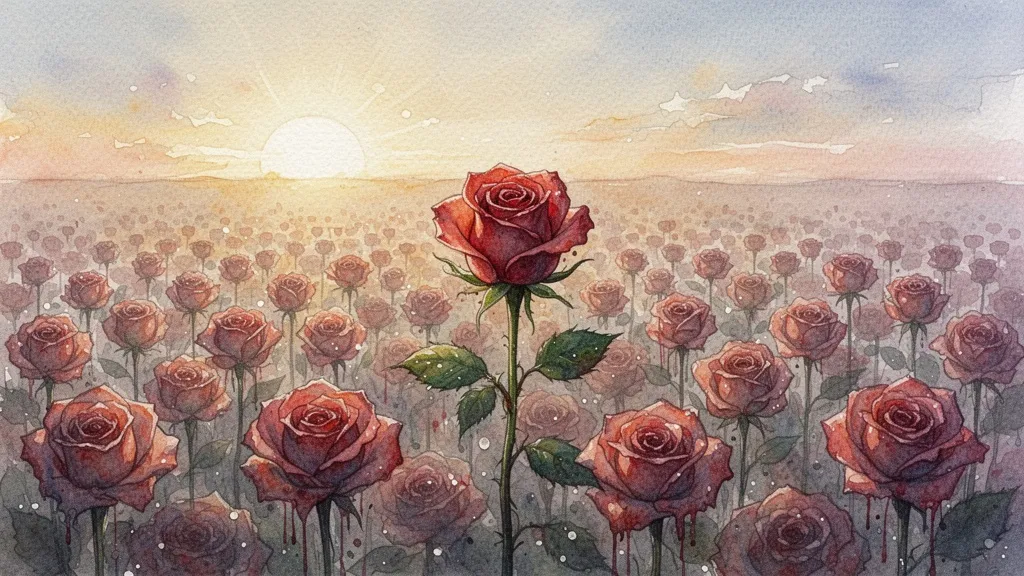 Rosa única emergiendo de un mar de flores idénticas y desvaídas, simbolizando la originalidad en la era digital