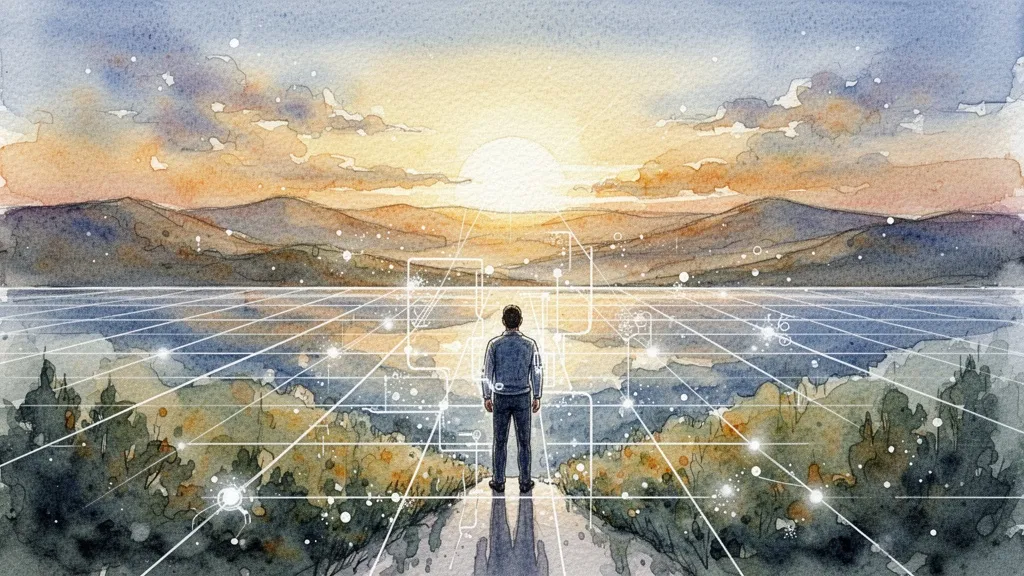 Horizonte donde una cuadrícula digital se disuelve en un paisaje de acuarela, con una figura mirando al futuro