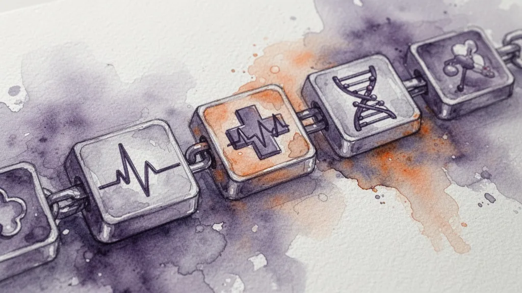 Watercolor chain of blocks with medical symbols representing blockchain in healthcare