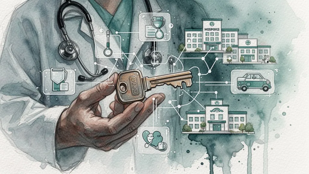 Watercolor scene of a patient controlling access to medical records via blockchain