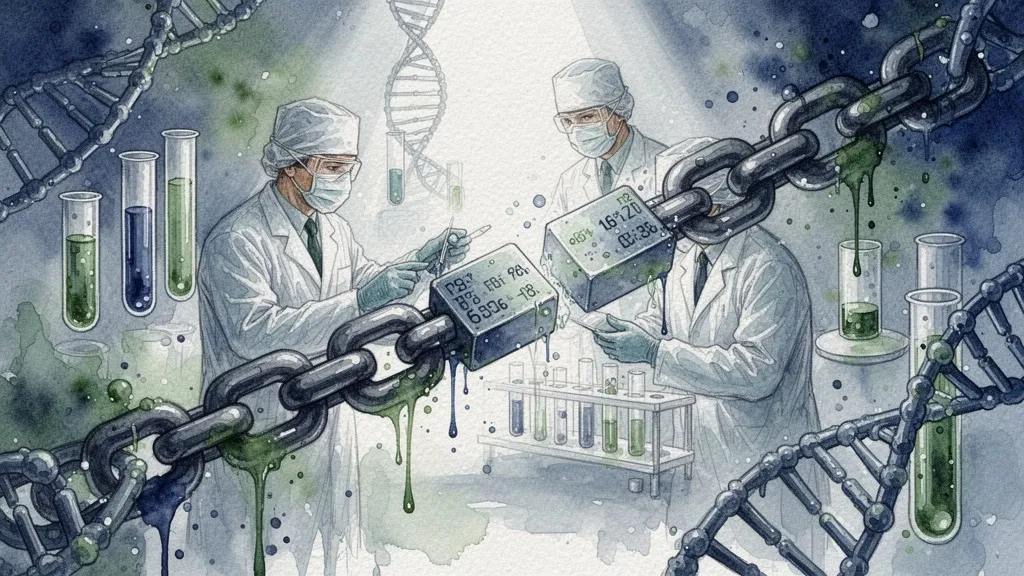Watercolor of researchers and blockchain data blocks representing biomedical research