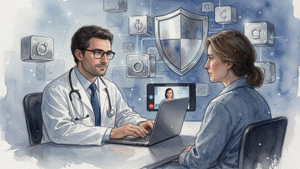 Watercolor of telemedicine consultation protected by blockchain security blocks