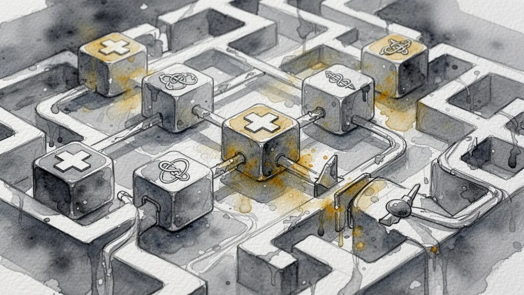 Watercolor maze of blockchain and medical symbols symbolizing challenges in health data security