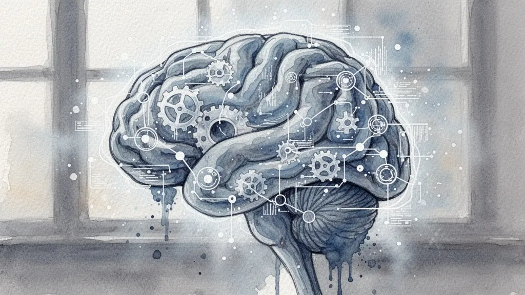 Abstract watercolor brain with gears and data nodes representing AI in business processes