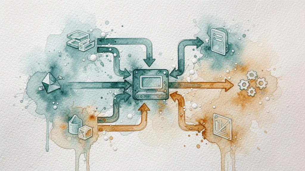 Watercolor data pipeline showing flow from sources to central processor